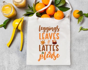 Fall Leaves and Lattes Tote, Fall Tote Bag, Fall Totebag, Halloween Tote Bag, Autumn Themed Tote, Fall Themed Gift, Totebag, Canvas Tote Bag