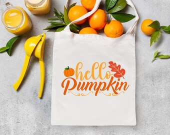 Hello Pumpkin Tote Bag, Fall Tote Bag, Fall Totebag, Halloween Tote Bag, Autumn Tote, Fall Themed Gifts, Totebag, Custom Canvas Tote Bag