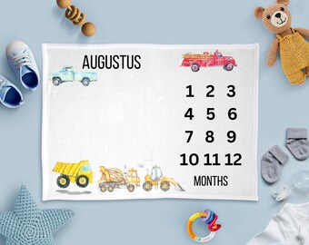 Toy Trucks Milestone Blanket, Monthly Growth Tracker, Personalized Baby Milestone Blanket, Baby Shower Gift, New Baby Gift, Custom Blanket