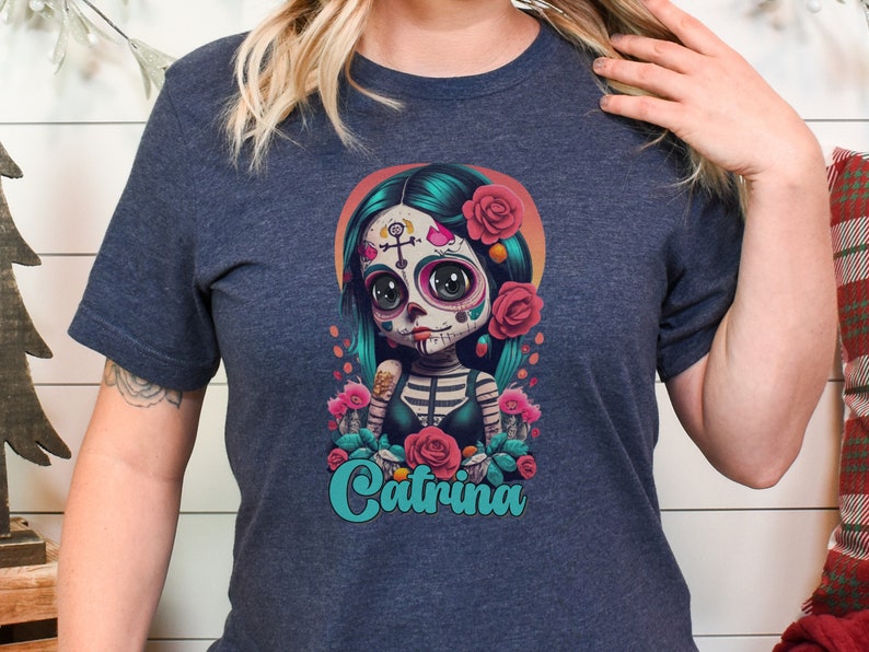 T-shirt Crâne Mexicain Coloré Dia De Muertos - Catrina Avec Motifs Fleurs - Coton - Unisexe