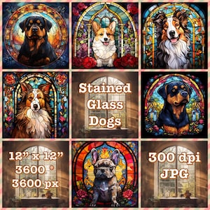 Conception de cliparts de chiens en vitrail au format JPG. 38 modèles uniques. Idéal pour la décoration intérieure, les cartes d'anniversaire et plus encore. Téléchargement instantané.