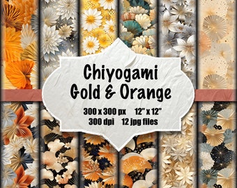 Chiyogami Seamless Pattern Gold Orange 12 Designs Japanese Washi Paper Digital Printable Origami Scrapbook Fabric Textile Commercial Use