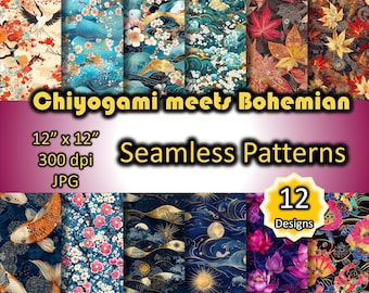 May include: Twelve digital seamless patterns in a variety of styles, including floral, geometric, and abstract. The patterns are 12 inches by 12 inches and 300 dpi. The patterns are in JPG format. The text "Chiyogami meets Bohemian" and "Seamless Patterns" is displayed on the image.