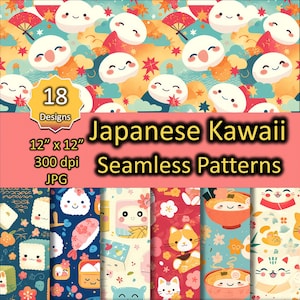 Patrones sin costuras kawaii japoneses para papel digital Lindos diseños de anime chibi pastel para planificadores, regalos y manualidades