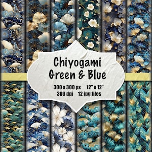 Chiyogami Muster - Grün und Blau, 12 verschiedene Motive, Origami Papier, Washi Papier, Instant Download.