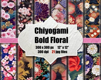 May include: A set of 21 digital paper designs featuring bold floral patterns in a Japanese style. The papers are 12 inches by 12 inches and 300 dpi.