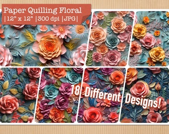 18 Paper quilling floral background, seamless pattern,  Instant download, commercial use ready.