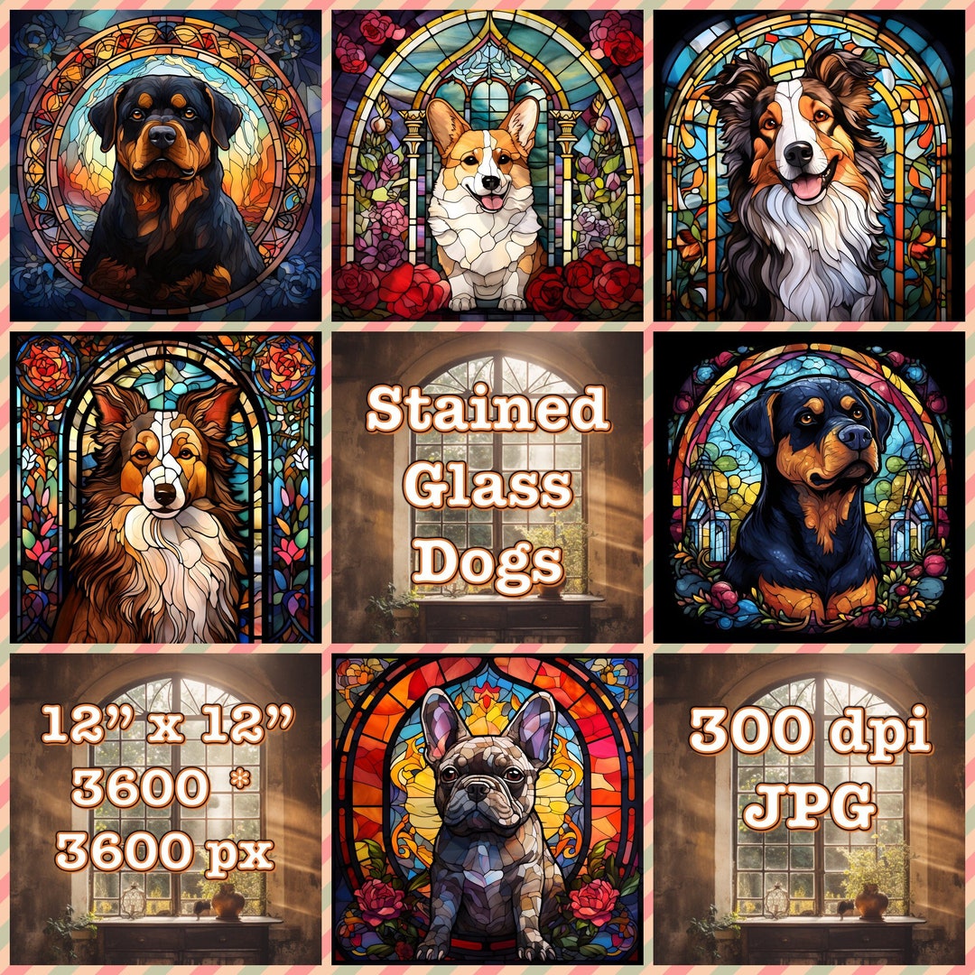 Stained Glass Dogs Clipart Design in JPG Format. 38 Unique Designs