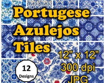 May include: A collection of 12 Portuguese Azulejo tile designs, each 12" x 12", in shades of blue and white. The image includes the text "Portuguese Azulejos Tiles" and details about the resolution and file type.