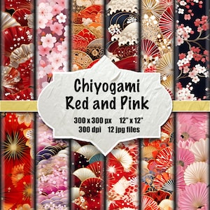 Chiyogami Pattern - Red and Pink, 12 Different Images, Digital Washi Paper, Origami Paper, Instant Download.