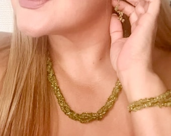 Handmade Peridot Chip Jewelry Set – Necklace, Earrings & Bracelet in Light Green Gemstone