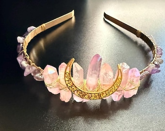 Corona de Luna de Cristal / Diadema de Amatista y Cuarzo Rosa, Tiara de Diosa Boho