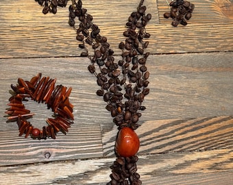 Handmade Colombian Coffee Bean Necklace & Bracelet Set, Boho, Eco-Friendly, Artisan Jewelry