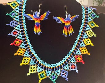Handmade Beaded Necklace & Earrings Set Rainbow Hummingbird Jewelry, Indigenous Inspired Beadwork