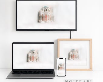 May include: A white architectural model with a blue dome and pink accents is displayed on a TV, laptop, framed print, and smartphone. The devices are arranged on a white surface. The image includes the text "NOITCAEI".