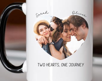 Custom Heart Photo Mug, Personalized Picture Coffee Cup, Romantic Anniversary Gift For Couple, Two Hearts One Journey Ceramic Mug, Gift mug