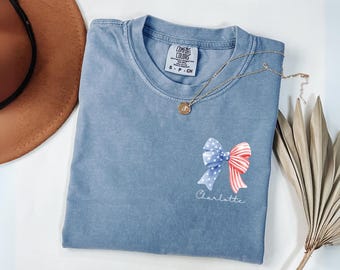 Personalized 4th Of July Shirt, Custom 4th July Shirt, Coquette American Flag Shirt, USA Bow Shirt, 4th of July Tee, Women's Patriotic Shirt