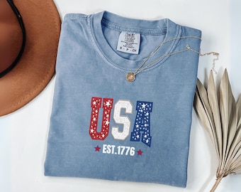 Comfort Colors USA Shirt, 4th of July shirt, Sequin USA Tee, summer patriotic shirt for women, America est 1776 shirt, red white blue shirt