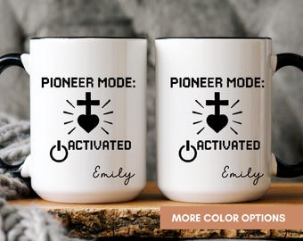 Pioneer Mode Activated Mug, Spiritual Pioneer Gift, Jehovah's Witness Coffee Cup, Faith Mug with Cross & Heart, Personalized Name Mug