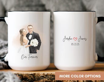 Personalized Watercolor Photo Mug, Custom Portrait Coffee Cup, Wedding Anniversary Gift For Couple, Ceramic Pottery Keepsake From Photo