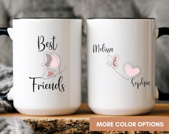 Personalized Best Friends Butterfly Mug, Custom Friendship Mug With Names, Cute Pink Butterfly Gift For Bestie, Birthday Gift For Women