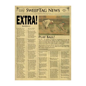 以下が含まれることがあります： 「SweepTag News」という見出しと「Extra! Baseball」という副題がついた、ビンテージな新聞のイラスト。イラストには、ホームベースに滑り込む選手とボールをキャッチする選手の2人の野球選手が描かれている。新聞には、野球用語の用語集が掲載されている。