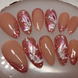 Nude/Pink Sparkle, Medium Almond, Ribbons, PressOn Nails Handmade
