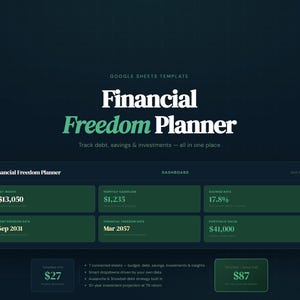 Può includere: Un modello di pianificatore finanziario digitale per Google Sheets. Il titolo "Financial Freedom Planner" è visualizzato in testo bianco e verde. Le metriche chiave includono il patrimonio netto, il flusso di cassa mensile, il tasso di risparmio e il valore del portafoglio.
