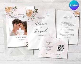 Wildflower Wedding Invite Kit with QR Code RSVP card Floral Save the Date PDF Canva Instant Download