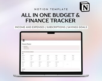 Könnte beinhalten: Ein Laptop-Bildschirm zeigt eine Notion-Vorlage für einen Budget- und Finanztracker. Die Vorlage enthält Abschnitte für Einnahmen und Ausgaben, Abonnements und Sparziele. Der Text "Finance Planner" ist oben auf dem Bildschirm sichtbar.