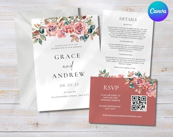 Wedding Invitation Bright Bold Save The Date, Simple Wedding Suite, QR Code RSVP card, Canva Template Set Instant Download
