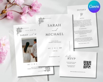 Wedding Invitation Printing Template with QR Code RSVP card Save Our Date Minimalist Reception Invitation Canva Instant Download Invites