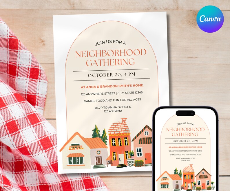 Pode incluir: Um convite para uma reuni&atilde;o de bairro com ilustra&ccedil;&otilde;es de casas em cores quentes. O texto diz "Junte-se a n&oacute;s para uma reuni&atilde;o de bairro" com detalhes do evento. Um smartphone exibe o mesmo convite.