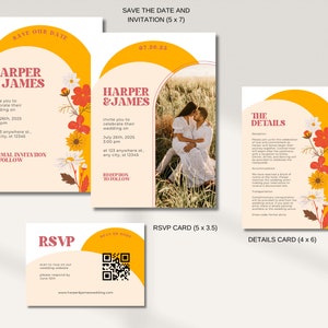 May include: Save the date and wedding invitation card set with a yellow and orange color scheme. The invitation features a floral design and a photo of a couple. The RSVP card includes a QR code. The details card includes information about the reception, accommodations, and transportation.