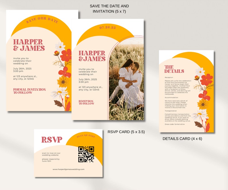 May include: Save the date and wedding invitation card set with a yellow and orange color scheme. The invitation features a floral design and a photo of a couple. The RSVP card includes a QR code. The details card includes information about the reception, accommodations, and transportation.