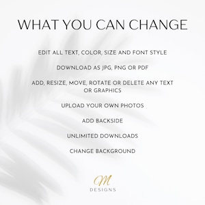 Pode incluir: Fundo branco com o texto preto "WHAT YOU CAN CHANGE". O texto lista op&ccedil;&otilde;es para editar texto, cor, tamanho, estilo de fonte, baixar como JPG, PNG ou PDF, adicionar, redimensionar, mover, girar ou excluir texto ou gr&aacute;ficos, carregar fotos, adicionar verso.