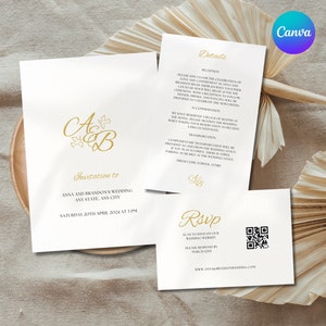 May include: Wedding invitation with gold calligraphy for Anna and Brandon's wedding on Saturday, April 20th, 2024 at 3 PM. The invitation includes details about the reception, accommodations, transportation, and dress code. A QR code is included for RSVP.