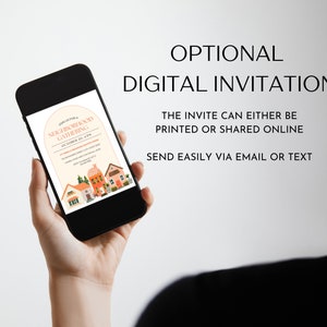Pode incluir: Um smartphone exibe um convite digital para uma reuni&atilde;o de vizinhan&ccedil;a. O convite apresenta uma ilustra&ccedil;&atilde;o estilizada de casas e o texto "Neighborhood Gathering". O convite pode ser impresso ou compartilhado online.