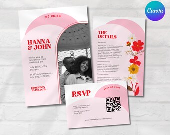 Retro Wedding Invite with Quirky Save The Date, QR Code RSVP and Details, Hot Pink Wedding Invitation, 70s Wedding Invite Kit