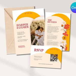 May include: A wedding invitation with a yellow and orange color scheme. The invitation features a photo of a couple, a floral design, and the text "Harper & James" and "The Details".