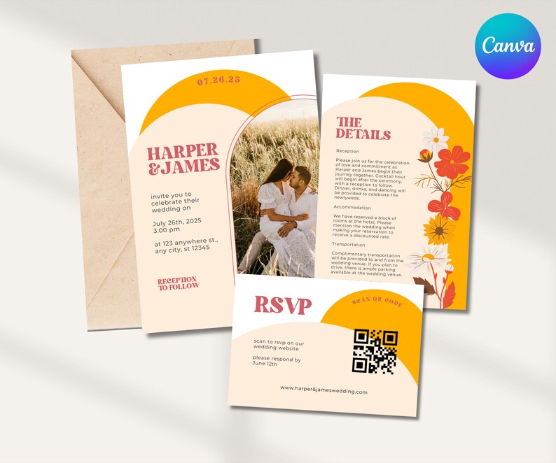 May include: A wedding invitation with a yellow and orange color scheme. The invitation features a photo of a couple, a floral design, and the text "Harper & James" and "The Details".