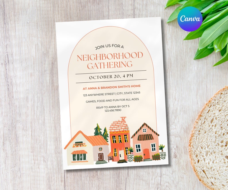 Pode incluir: Um convite para uma reuni&atilde;o de bairro com fundo creme e design de arco. O texto diz "Join us for a Neighborhood Gathering" e inclui a data, hora e local. A parte inferior apresenta casas ilustradas. O logotipo da Canva est&aacute; no canto superior direito.