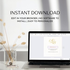 May include: A laptop computer displaying a wedding invitation template on a screen. The template is white with gold lettering and a purple floral design. The text on the screen reads "Instant Download, Edit in your browser, No software to install, Easy to personalize".