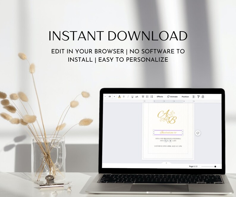 May include: A laptop computer displaying a wedding invitation template on a screen. The template is white with gold lettering and a purple floral design. The text on the screen reads "Instant Download, Edit in your browser, No software to install, Easy to personalize".