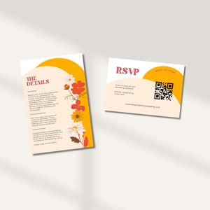 May include: A wedding invitation with a yellow and orange background and floral illustrations. The text on the card reads "The Details" and includes information about the reception, accommodation, and transportation. The RSVP card has a QR code and the text "RSVP" and "Scan to RSVP on our wedding website".