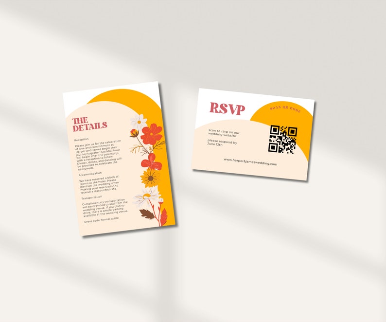 May include: A wedding invitation with a yellow and orange background and floral illustrations. The text on the card reads "The Details" and includes information about the reception, accommodation, and transportation. The RSVP card has a QR code and the text "RSVP" and "Scan to RSVP on our wedding website".