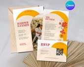 Retro Wedding Invite with Save Our Date, QR Code RSVP and Details, DIY Wedding Invite Instant Download, 70s Wedding Invite Kit
