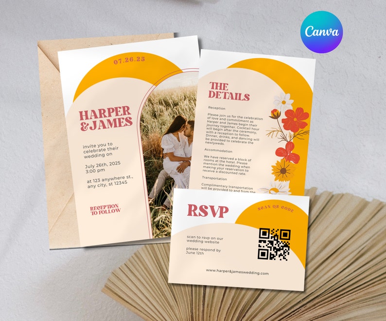 May include: A wedding invitation with a yellow and orange color scheme. The invitation features a photo of a couple in a field, a QR code, and the text "Harper & James" and "The Details".