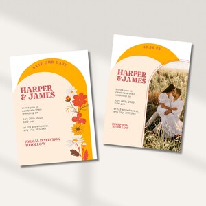 May include: Save the date card with a yellow and orange arch and floral design. The card says "Harper & James" and includes the date "July 26th, 2025" and time "3:00 pm". The card also says "Formal Invitation to Follow".