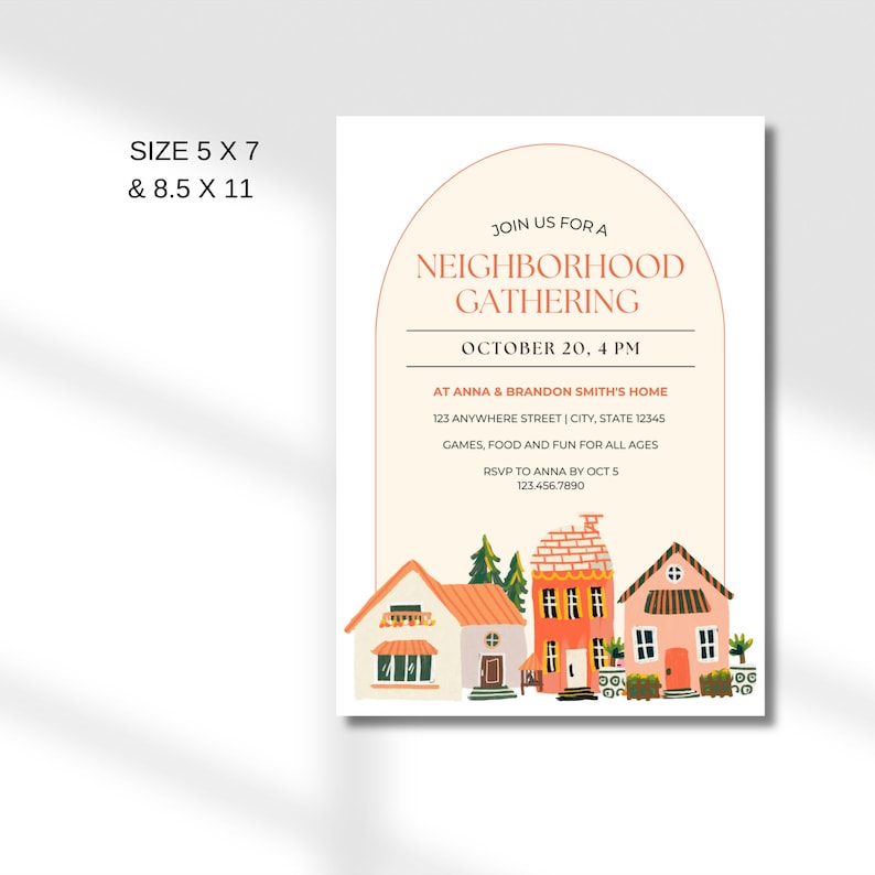 Pode incluir: Convite para uma reuni&atilde;o de bairro com fundo creme e arco decorativo. O texto diz "Reuni&atilde;o de Bairro" com detalhes do evento. A parte inferior apresenta casas e &aacute;rvores ilustradas. Dispon&iacute;vel nos tamanhos 5x7 e 8,5x11.